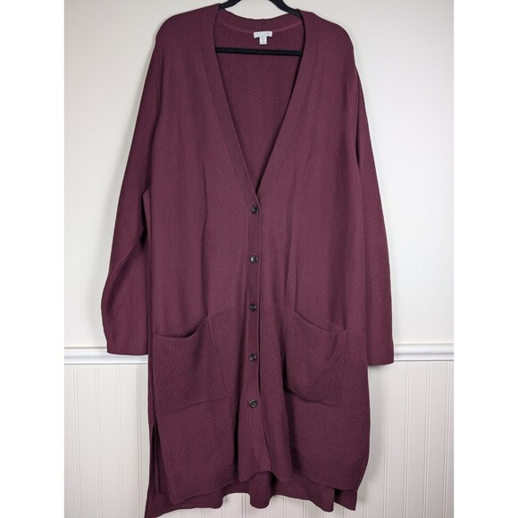 J. Jill Button Front Cardigan Sweater Women 4X Burgundy Knit Ribbed Duster - Picture 2 of 14